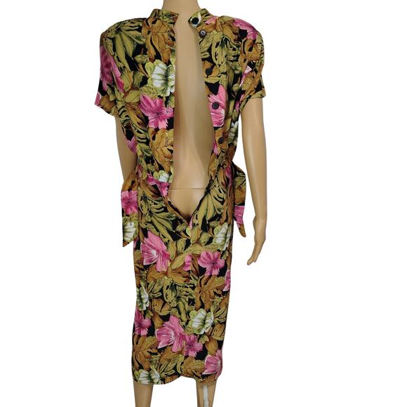 1980s April Rain Tropical Wiggle Dress Shoulder Pads Button Up Back Size Small - Picture 8 of 11